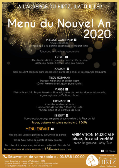 Menu réveillon du Nouvel an 2020 Domaine du Hirtz Résidence de