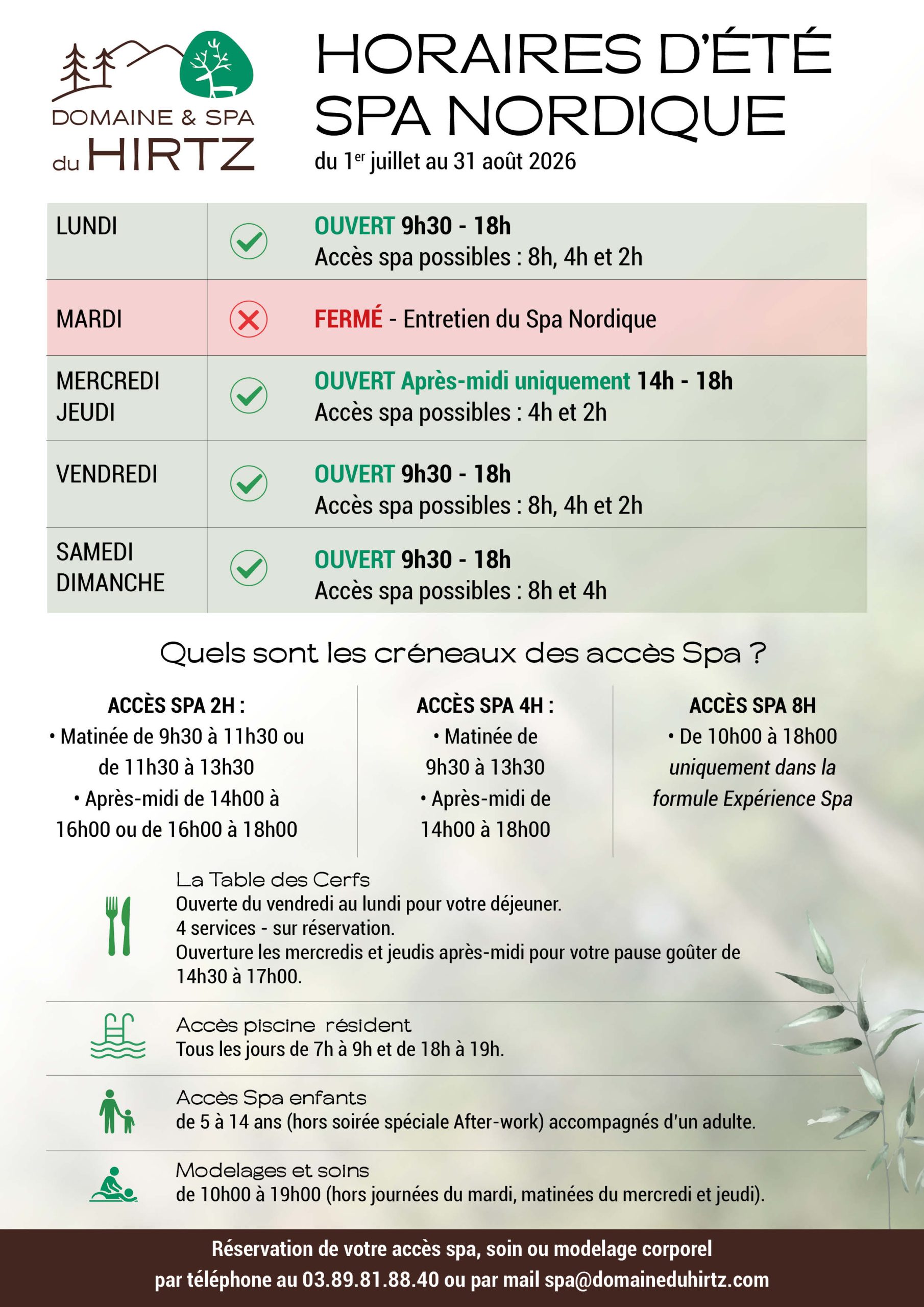 2026 horaires accès spa été