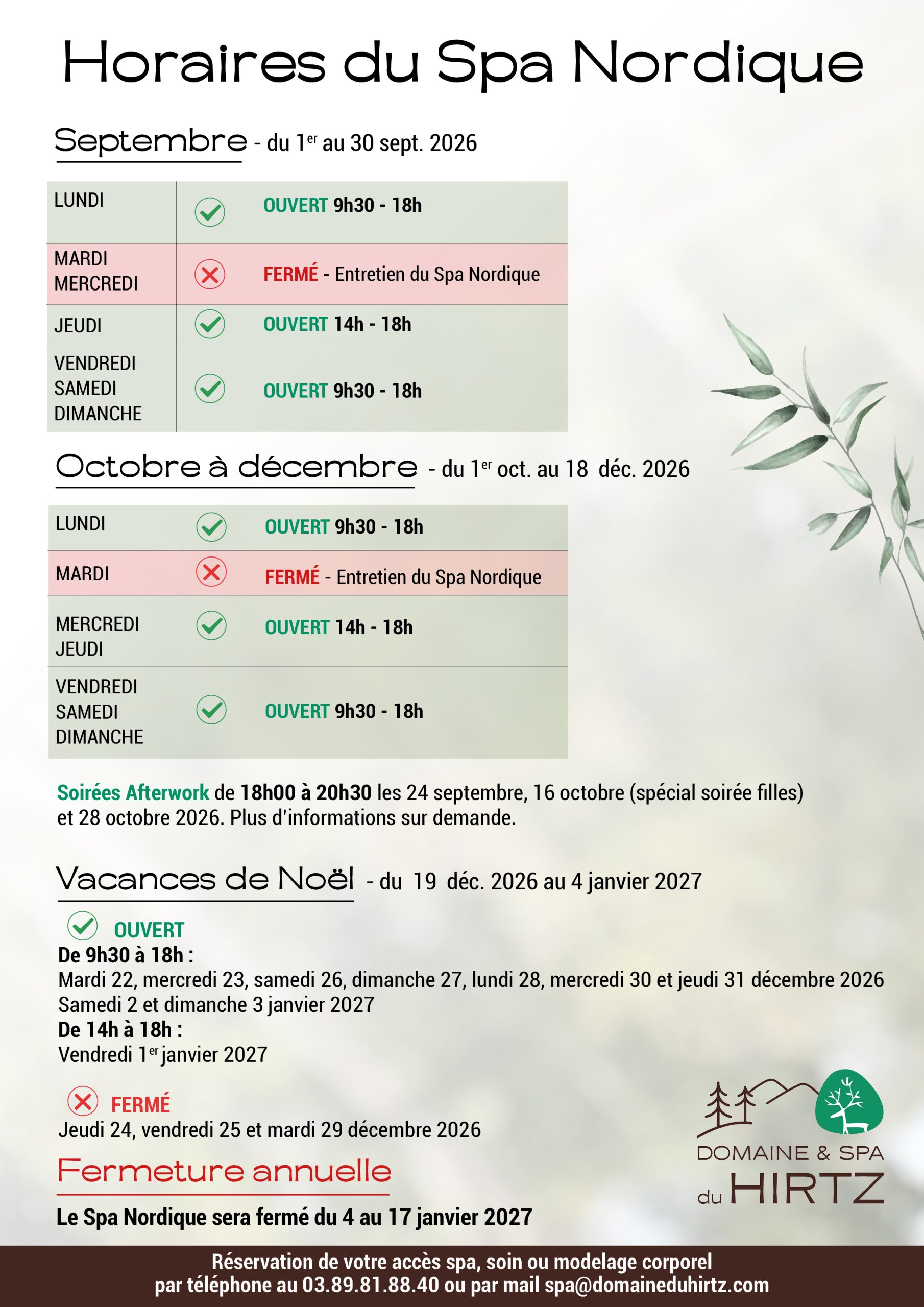 2026 horaires accès spa septembre à décembre